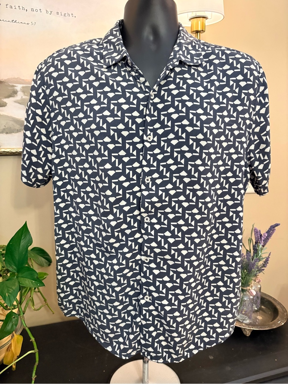 Denim & Flower Ricky Singh Navy Short-Sleeve Geometric Button-Down Shirt